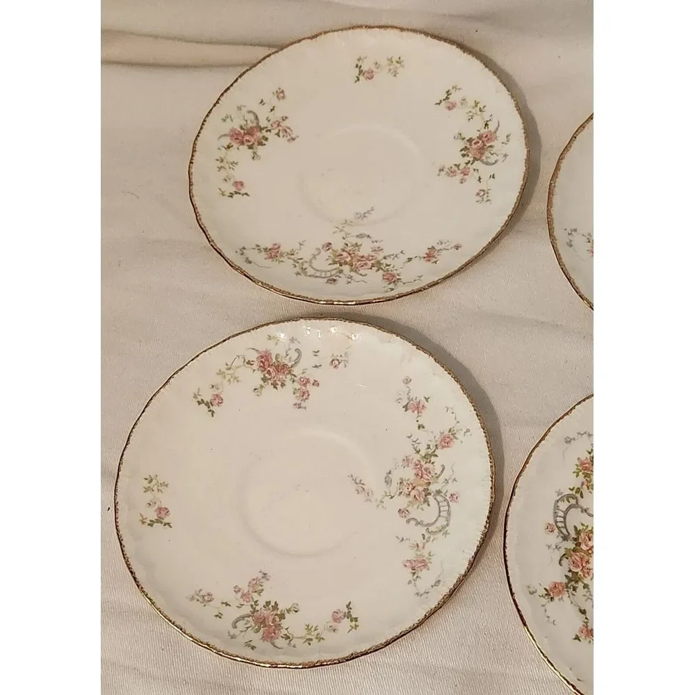 Pope Gosser USA Plates Bread/Salad Pink w/Gold Scalloped‎ Trim 4 Plates